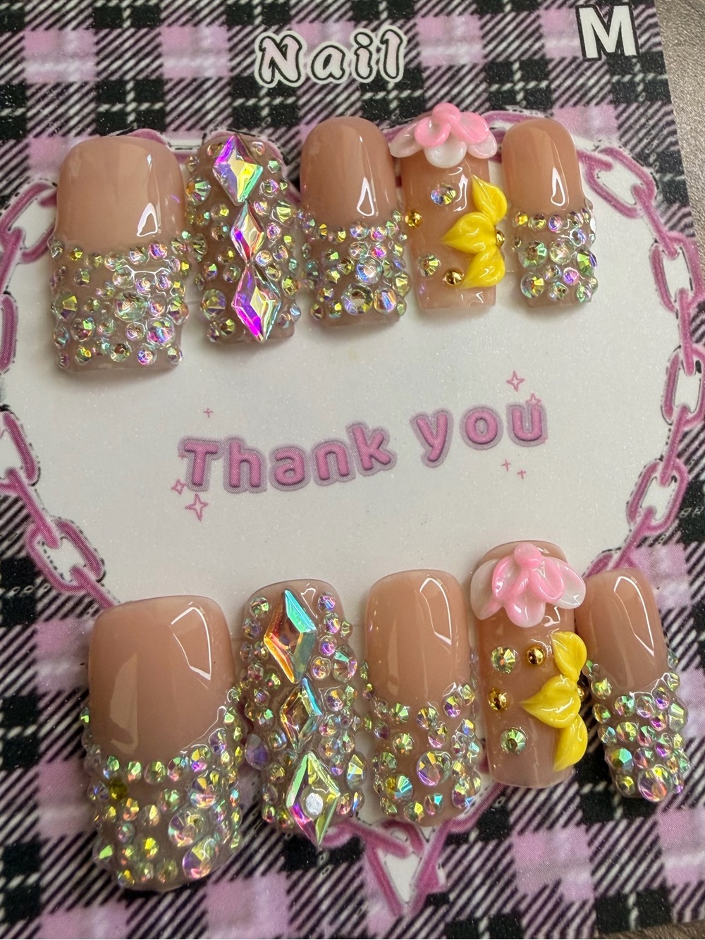 Nude Rhinestone 3D Floral Press-On Nails